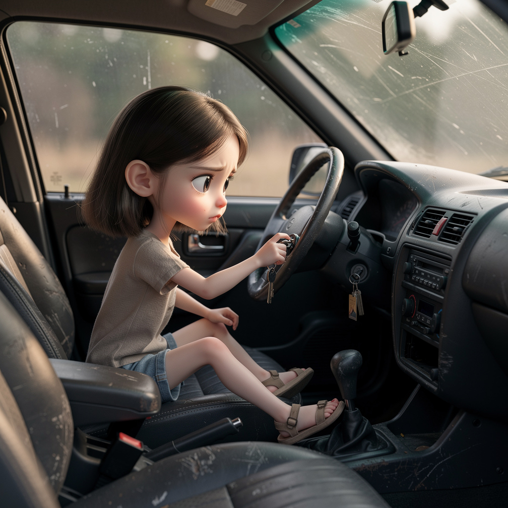 Immagina se: una bambina anime seduta in auto gira la chiave nel cruscotto ma l'auto non parte mentre preme il pedale con i s