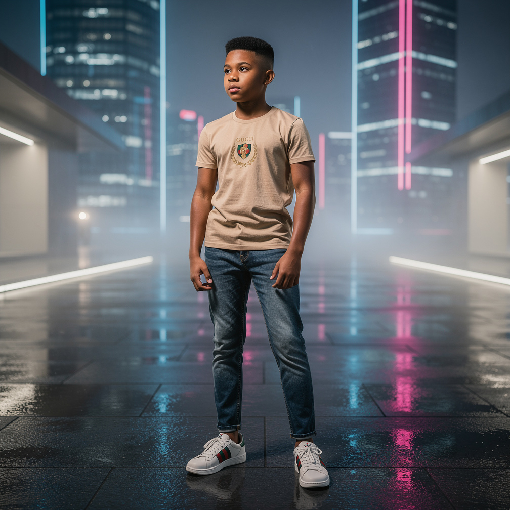 Imagine if: An anime boy
Darker in complexion
Wearing Gucci (T-shirt, jeans, shoes)
Taper haircut.