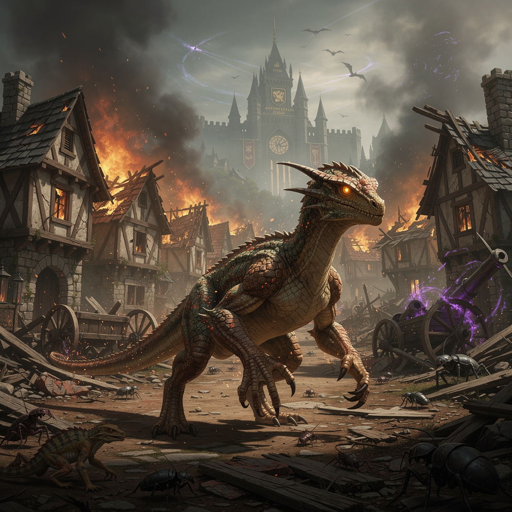 As you destroyed the town you evolve into a Lesser dragon, roughly bigger in size than a Wyvern but still with the same abili