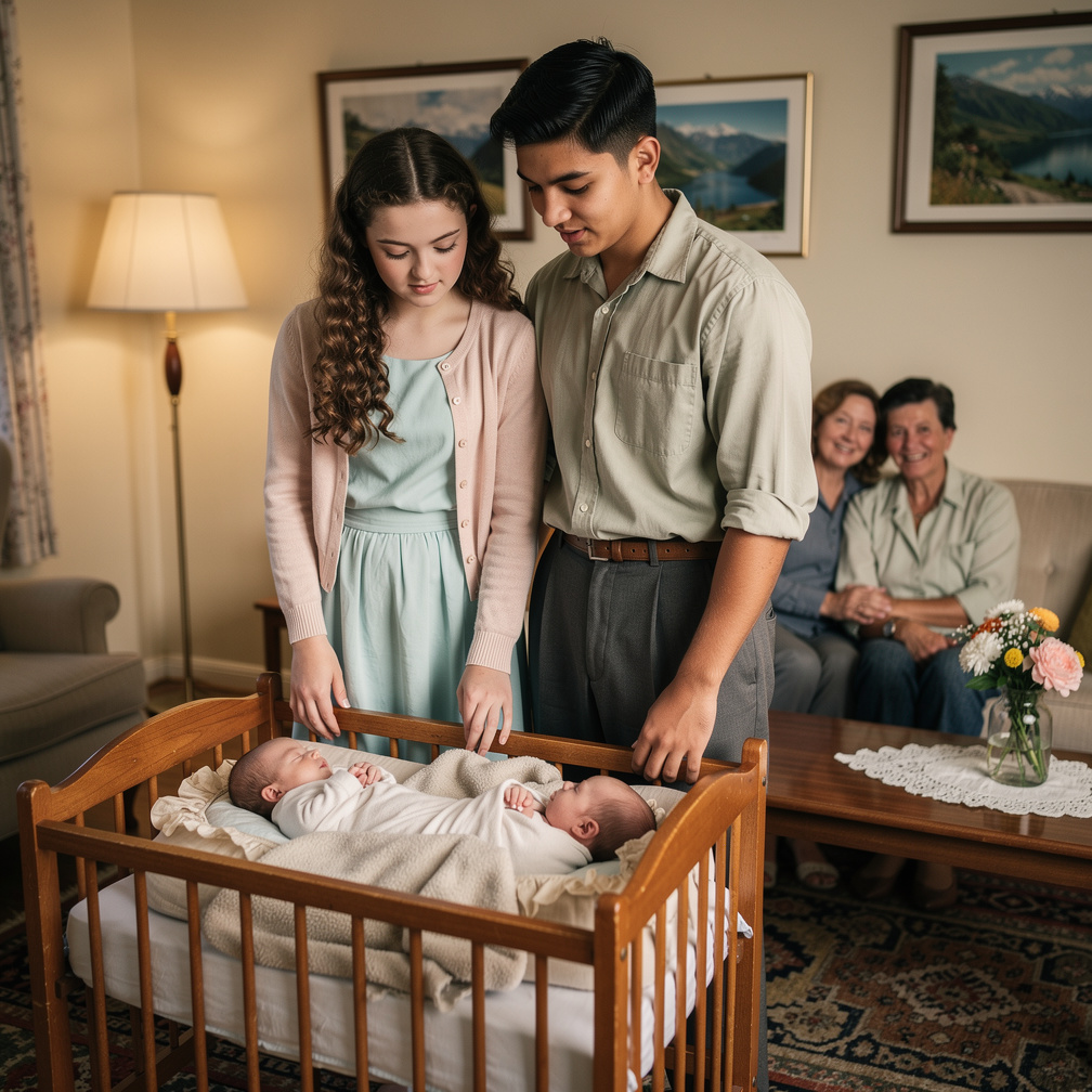 Samantha Dawkins looks the twins babies and the mother and father.