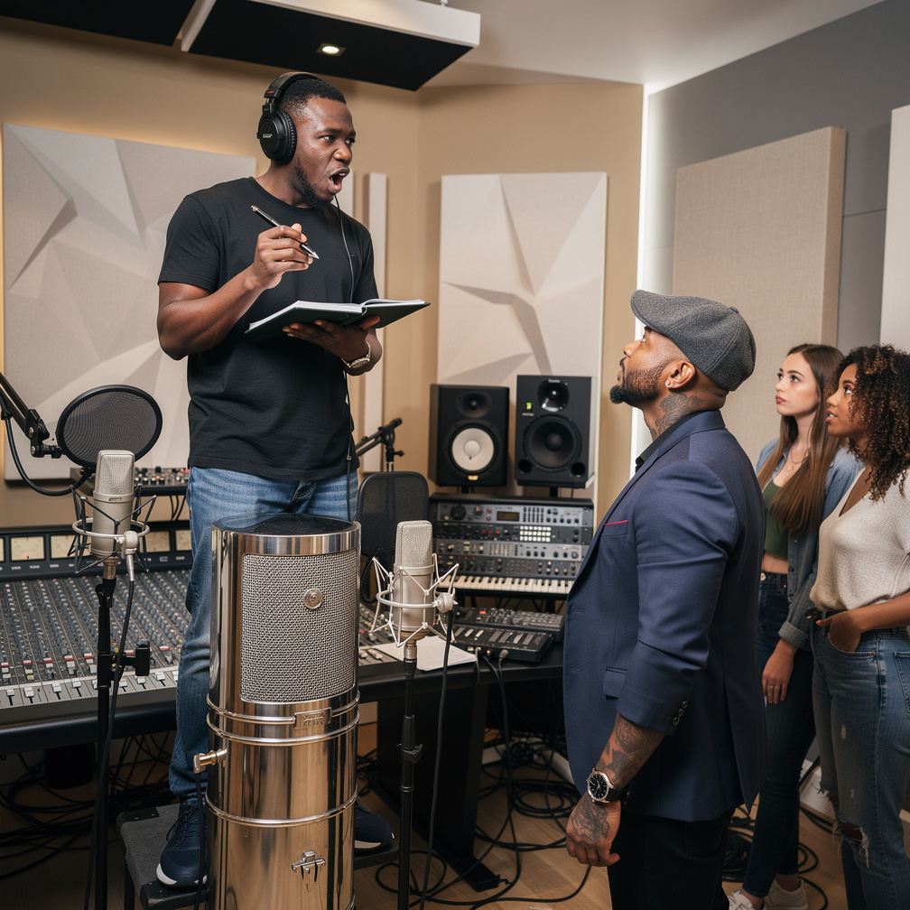 Imagine if: A black guy standing on the condenser holding a pen and book with headphones on his head in a music studio saying