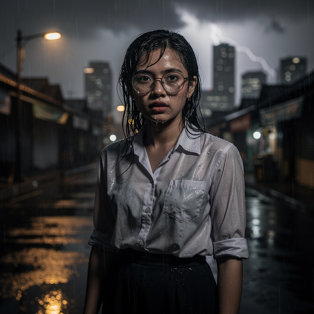 Chintya yang sekarang menyamar menjadi ART bernama Maimunah,
· Rambutnya basah menempel di pipi, memakai kacamata yang penuh