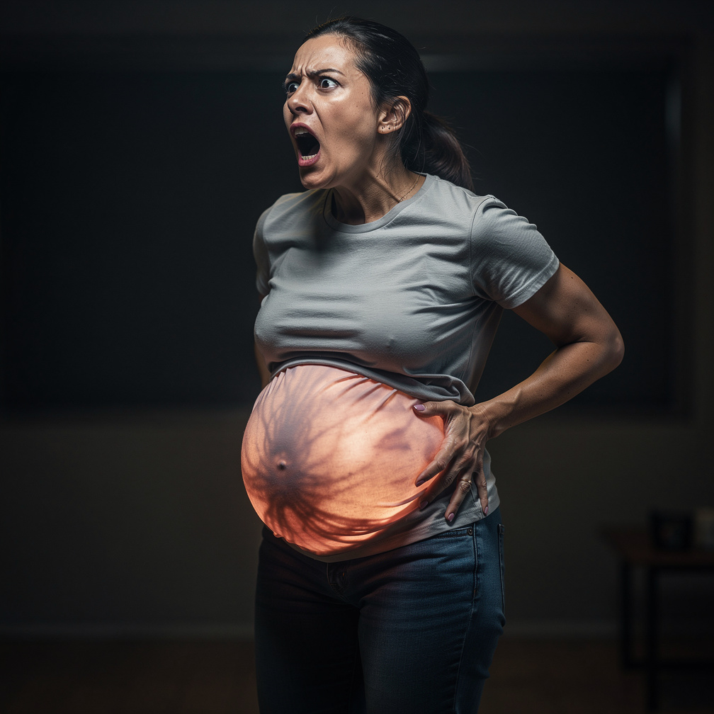 Imagine if: A alien goes into the belly button of the woman that makes her pregnant belly super duper huge and heavy and make