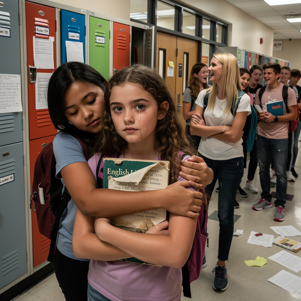 Imagine if: A girl named Stella goes to school and her Bully Veronica drops her books and rips her English book. Stella cries