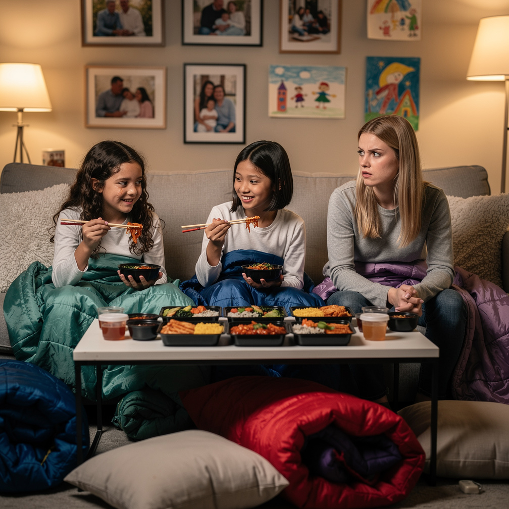 After that they have a sleepover. They eat Korean food
