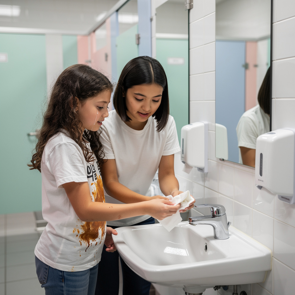 After that Isabella brings Stella to the bathroom to clean up.