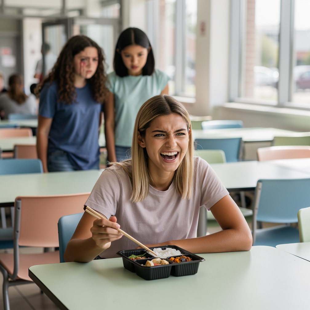 After that the bully laughs while eating their food.