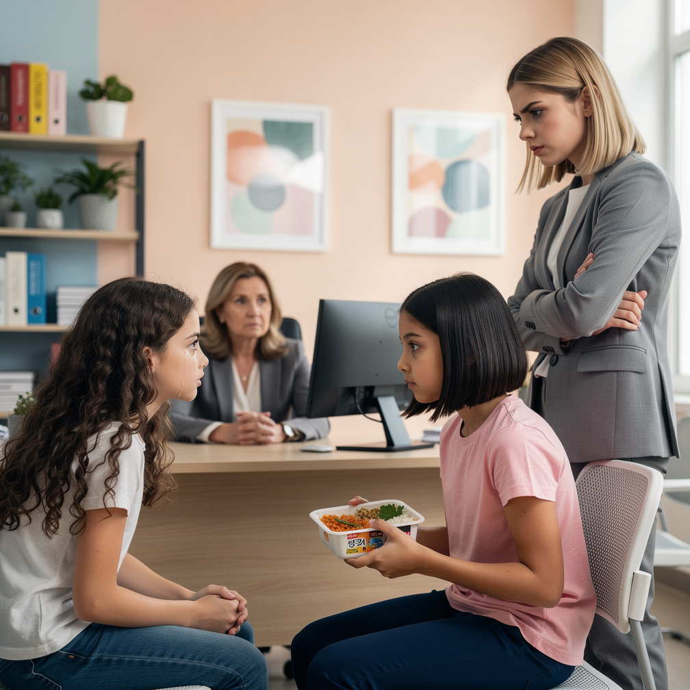 They report the bully to the principal office with the food in Isabella's hands.