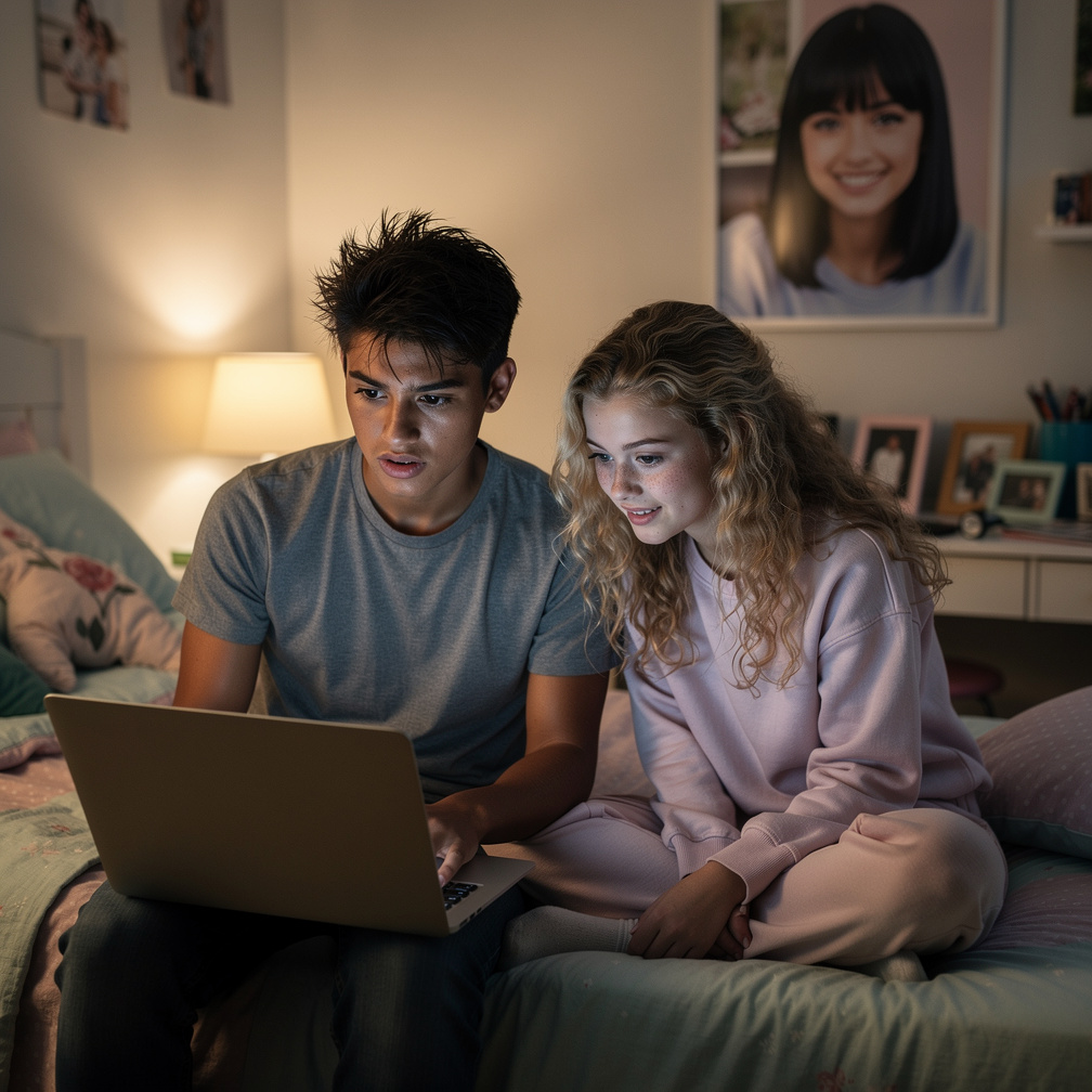 The handsome boy appears in the poor girl's house showing her a video on his laptop.