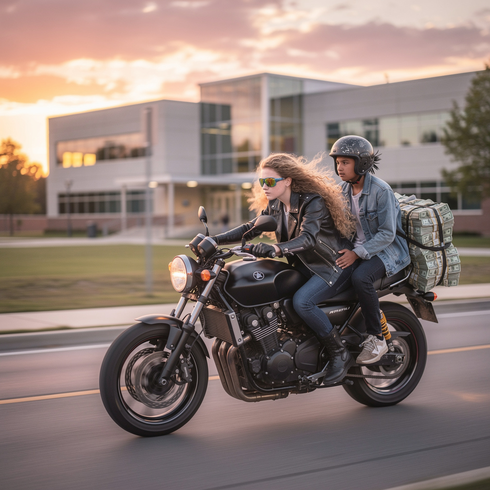The poor girl rides away in her motorcycle with a lot of cash with the same poor boy.