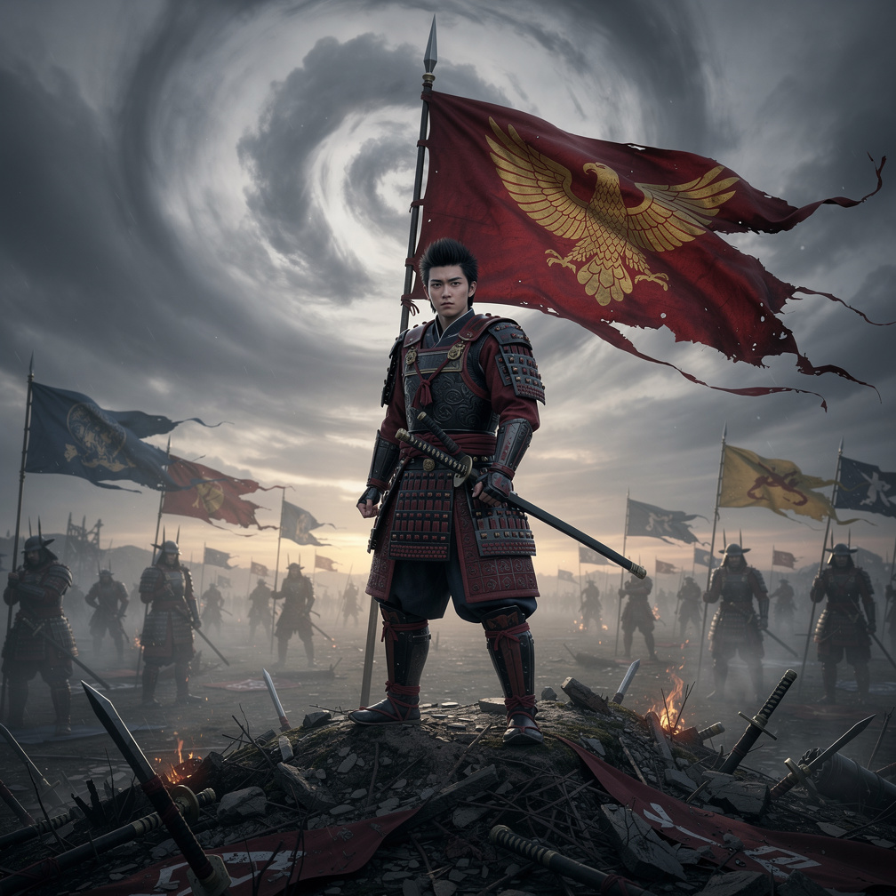 Bayangkan jika: Buatkan akau cerita anime Sengoku Basara perang antar klan dengan bendera di belakang punggung mereka.