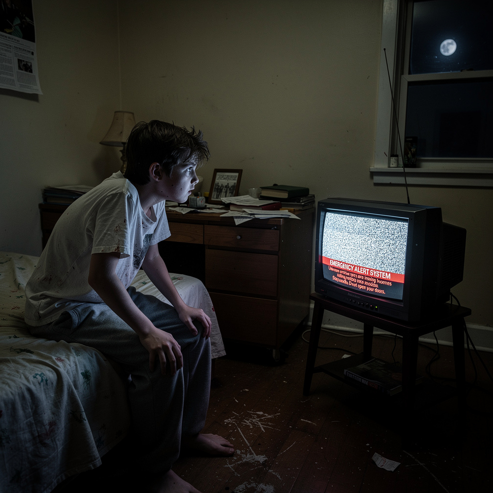 Imagine if: You were home alone at midnight at your room watching an old fashioned TV when you get an EAS alert of a group of