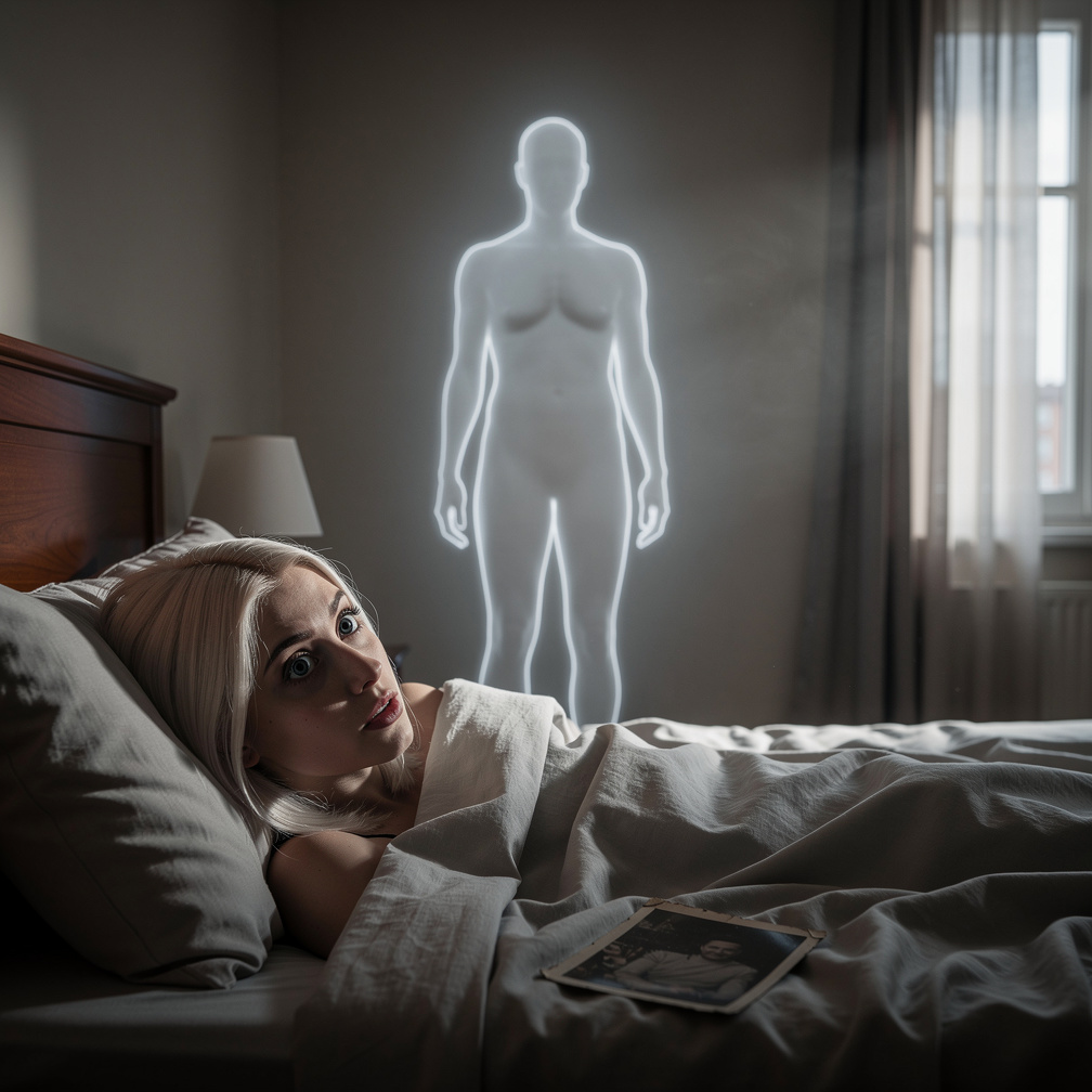 Imagine if: She wakes to the quiet shape at the foot of the bed—shape like a person but wrong, a hollow outline that breathes