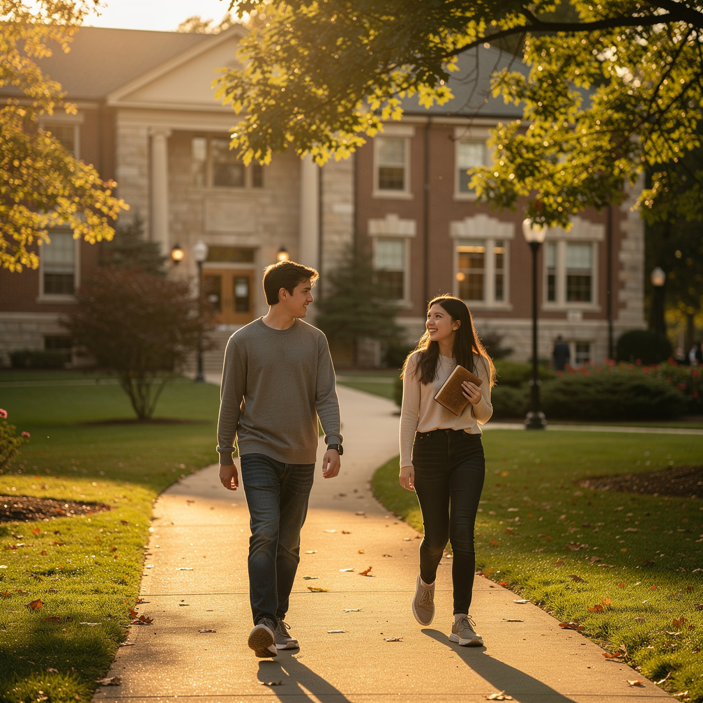 One evening they leave the library at the same time. A simple greeting turns into a conversation. They walk across the campus
