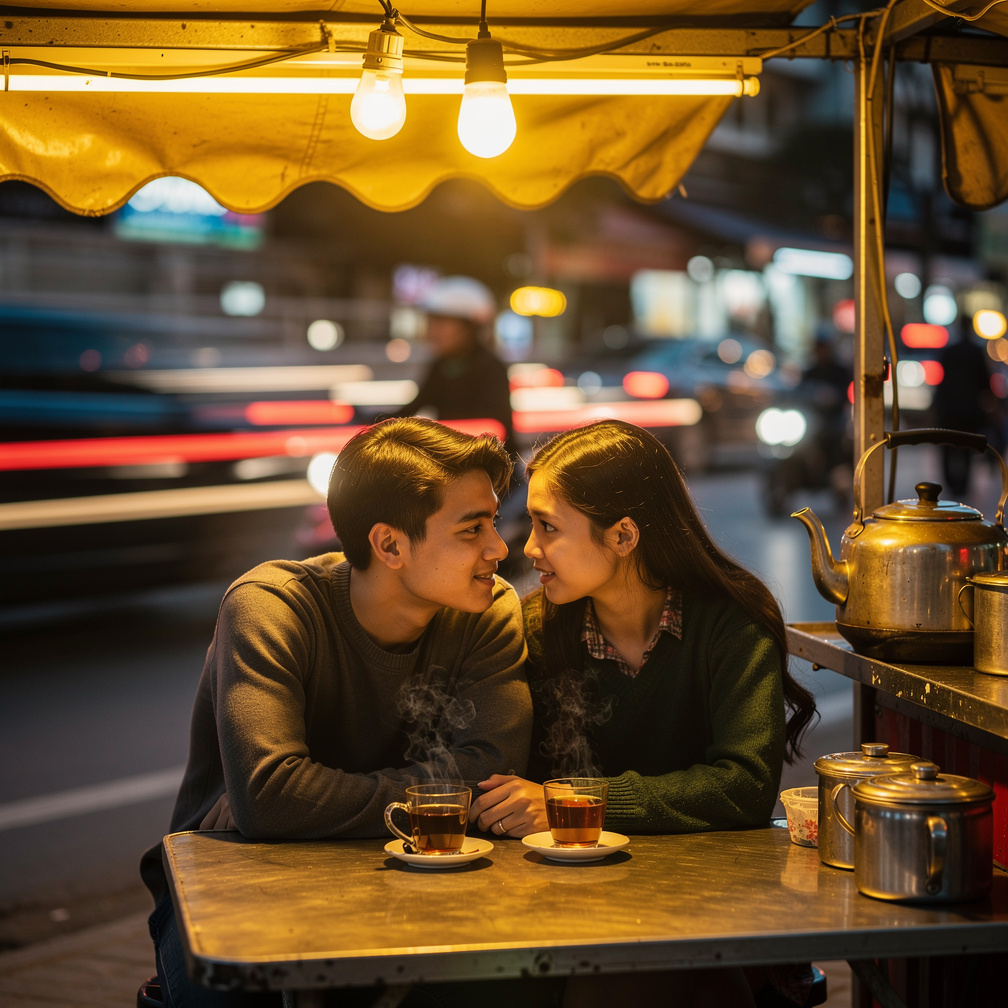 At a roadside tea stall glowing beneath yellow lights, they share stories from childhood. Traffic rushes past while steam ris