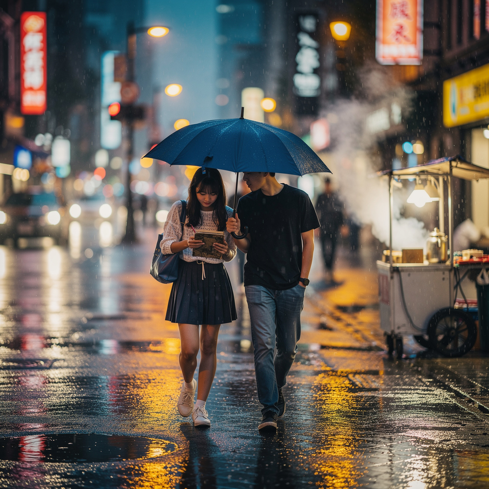 One rainy afternoon they share a single umbrella while crossing the city. The streets reflect colorful lights. Their shoulder