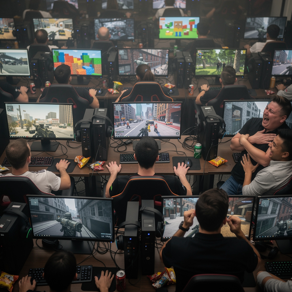 Imagine se: Visão em terceira pessoa de um homem numa lan-house jogando GTA 3 no computador 💻 assim como todo mundo, alguns j