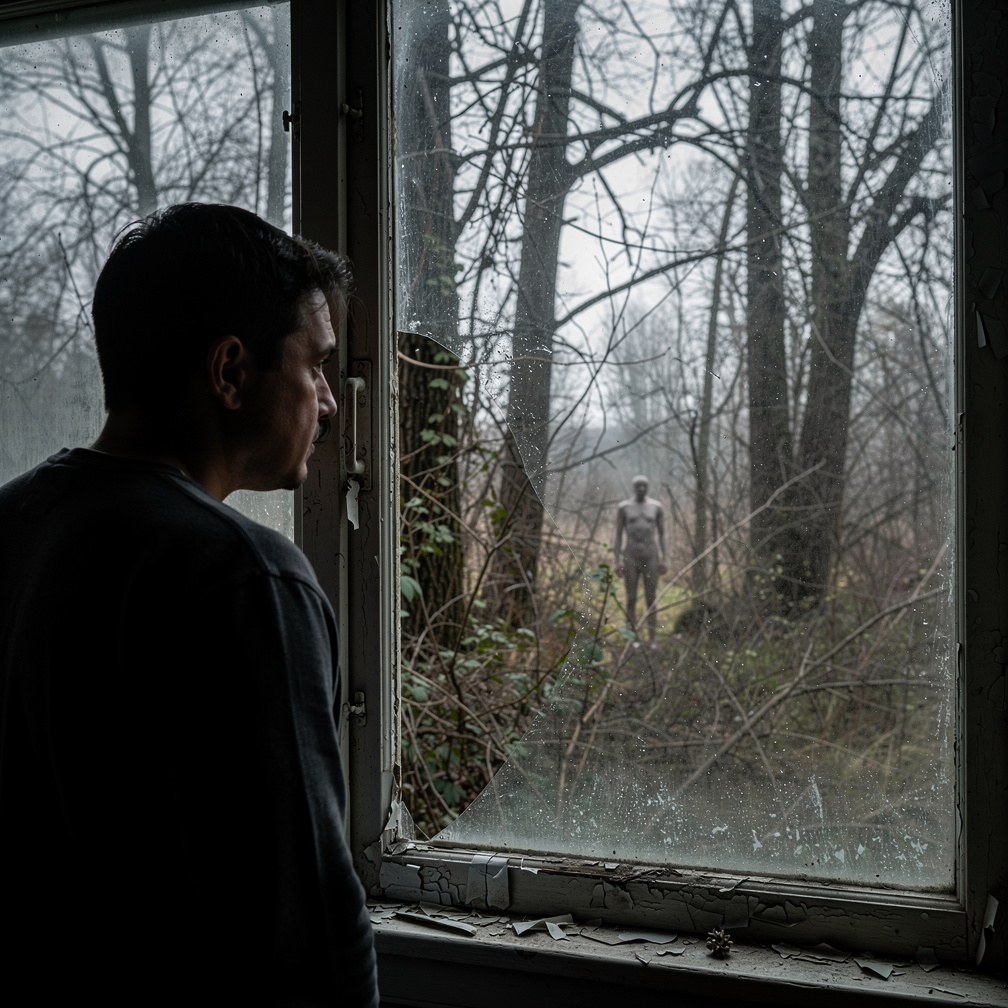 Imagine if: Every time you look out the window, you see a figure standing just beyond the trees, watching you — and when you