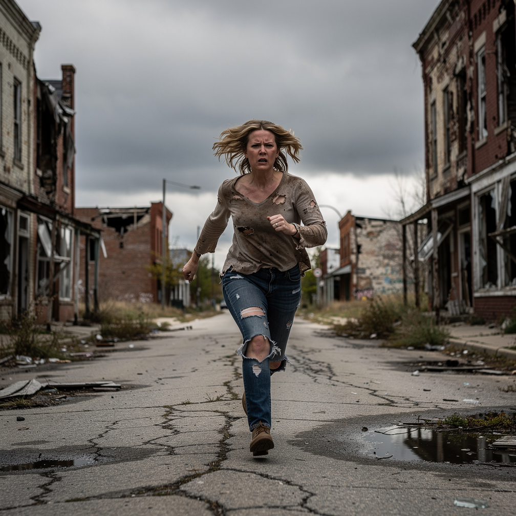 Imagine if: A woman running in the middle of an abandoned town, clothes torn, blonde, large breast.