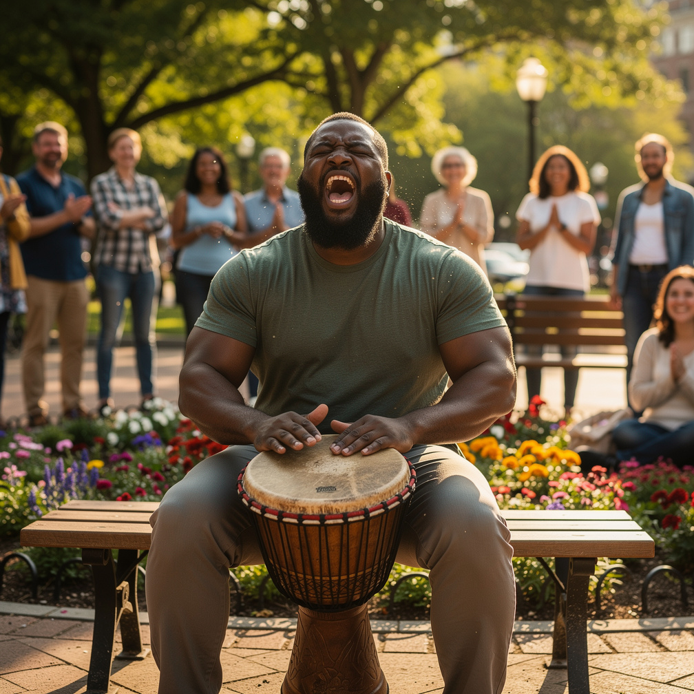 Imagine if: A strong Black Beard Man playing Djembe drum and shouting MasterDjembe heal the nation wearing a t-shirt written