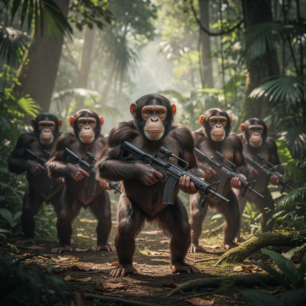 Imagine if: Chimpanzees go sapient and use guns.