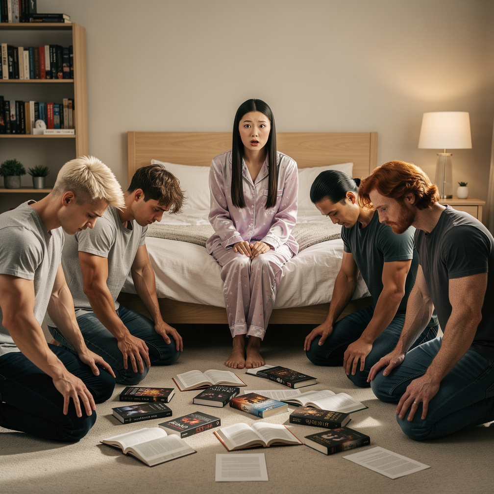 A girl, known for loving dark romance novels and novels with femdom types, suddenly wakes up to find five attractive men with