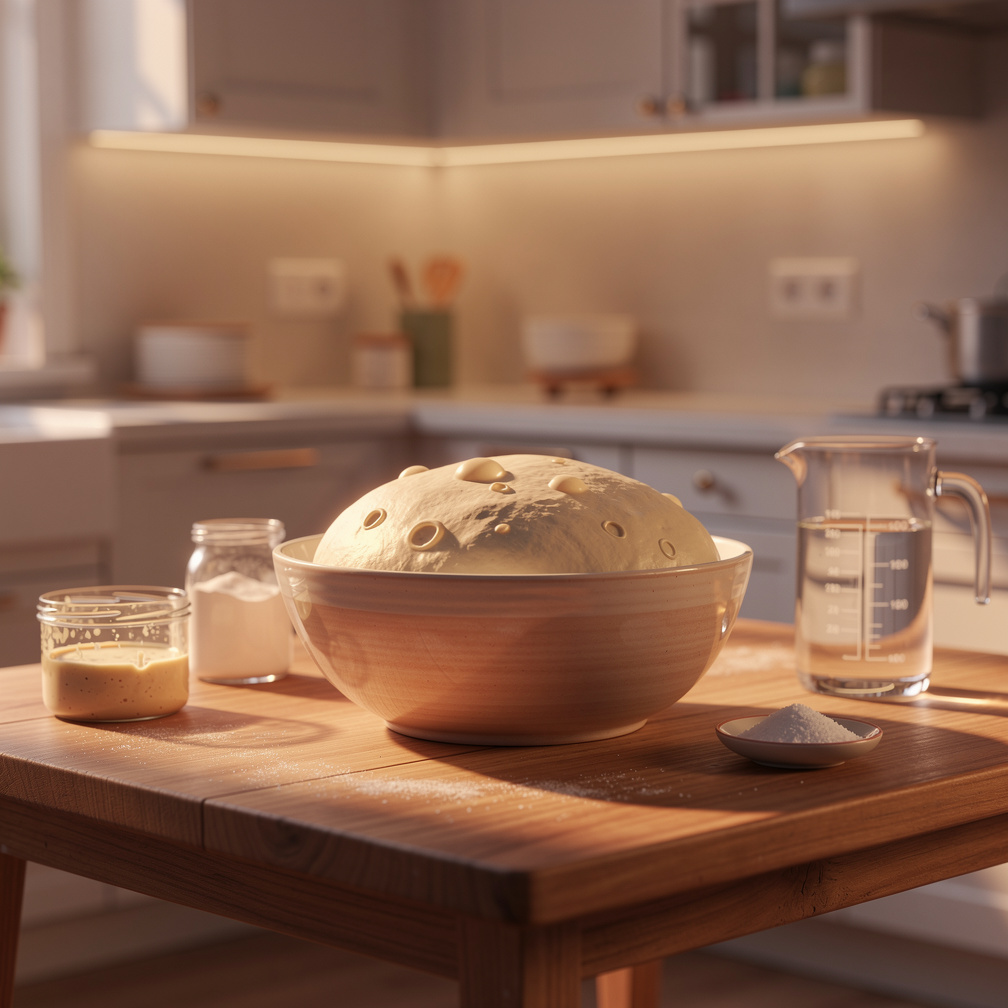 Scene 4: dough rests in a bowl and slowly rises during fermentation with a time-lapse effect.