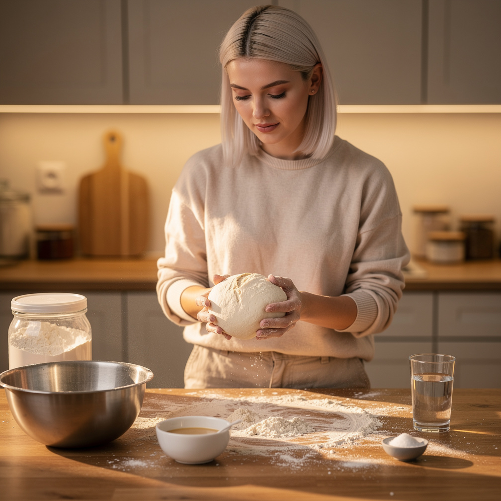 Scene 5: baker shapes the dough into a round loaf.