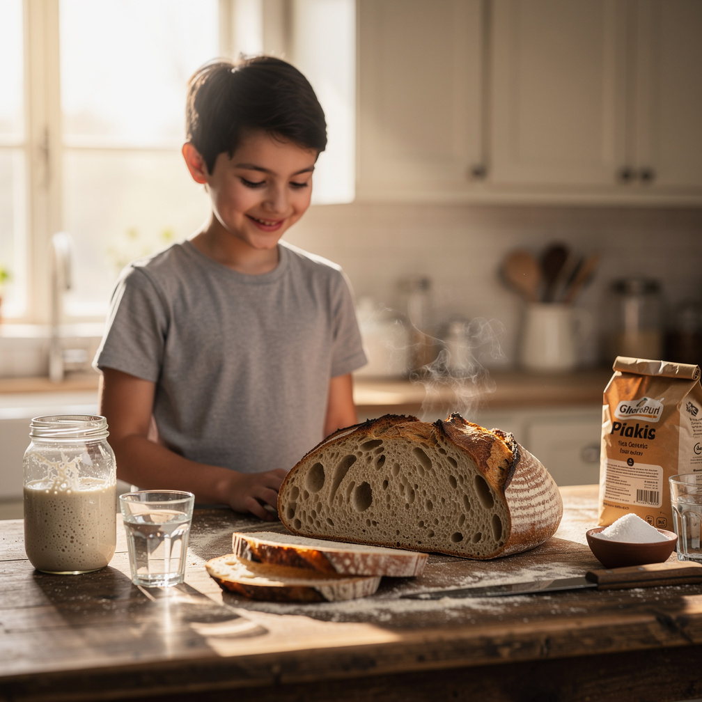 Scene 10: freshly baked sourdough bread is sliced open, showing a crispy crust and soft fluffy interior with steam rising. Br