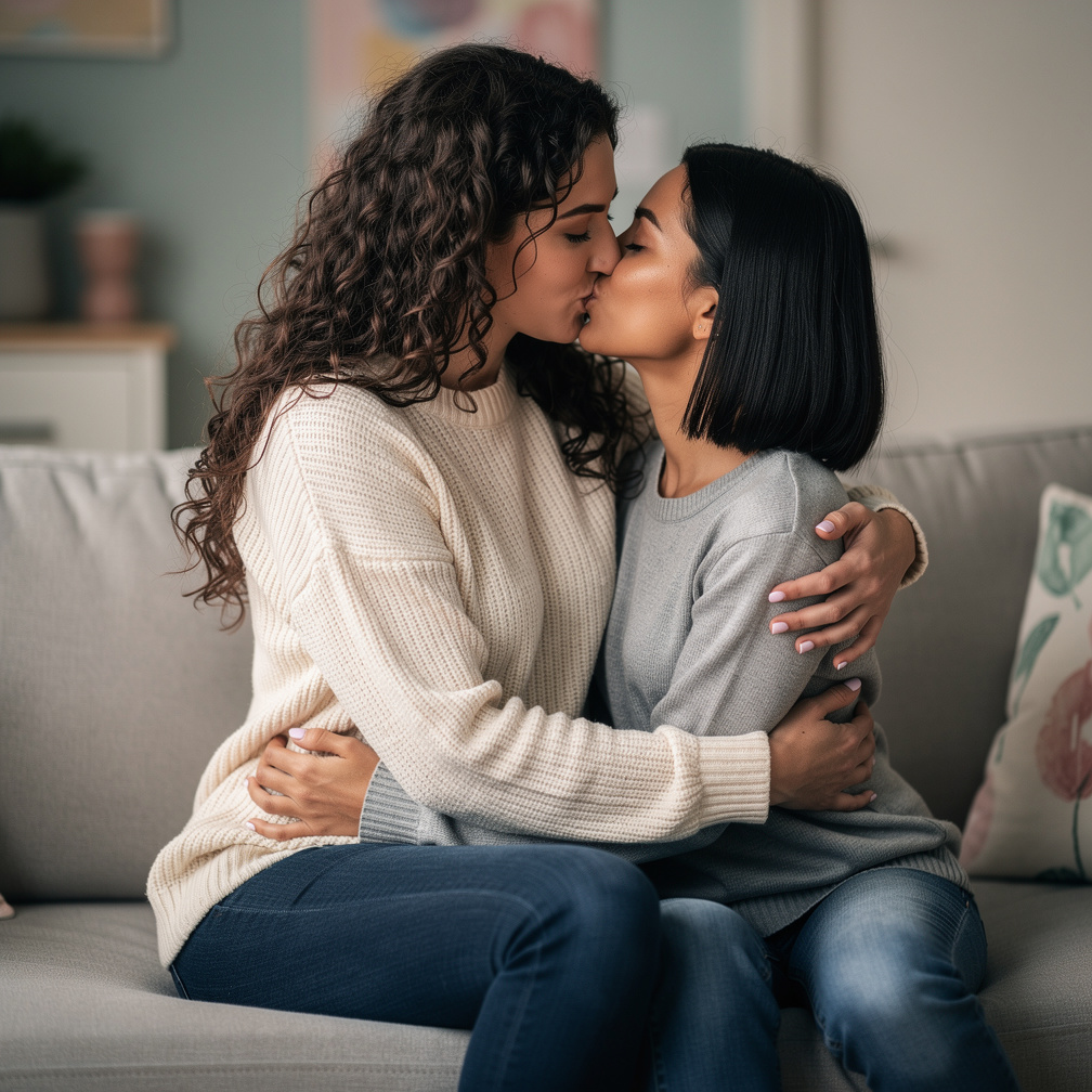 Ela perde o medo, senta no colo da outra e beija-a.
