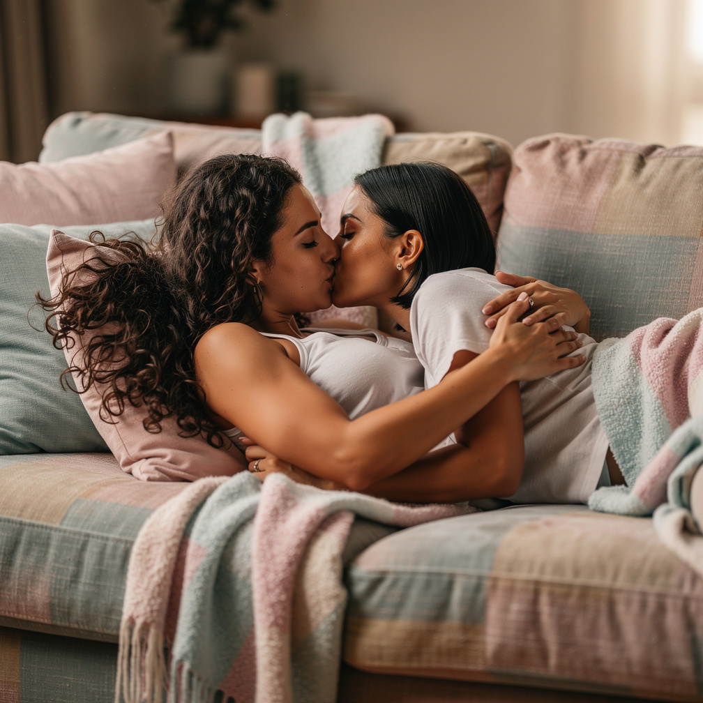 Elas deitam ainda se beijando no sofá.