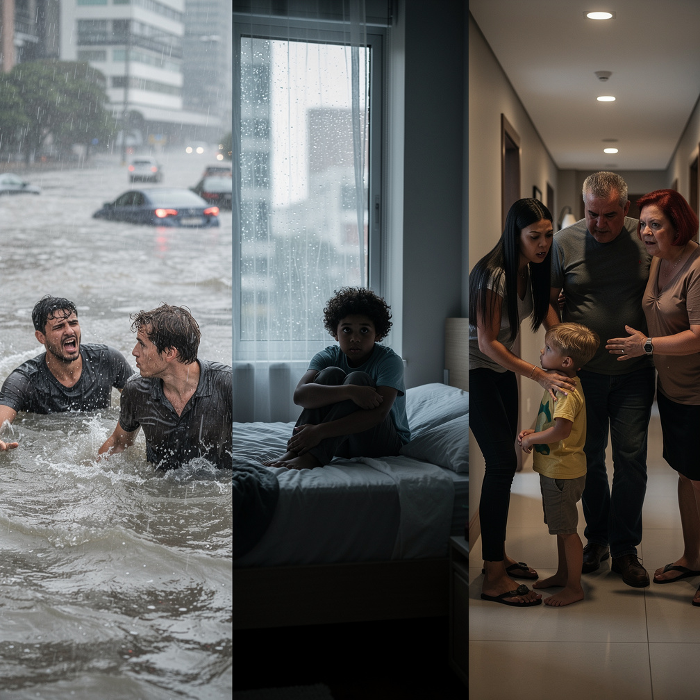 Imagine se: Estava uma enchente e João e Daniel estavam com medo da chuva levá-los e aí João e Daniel caem na chuva e Joaquim