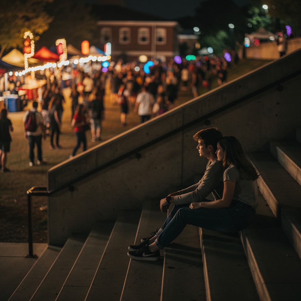 During a college festival, surrounded by music and crowds, they find themselves sitting quietly on a distant staircase. While