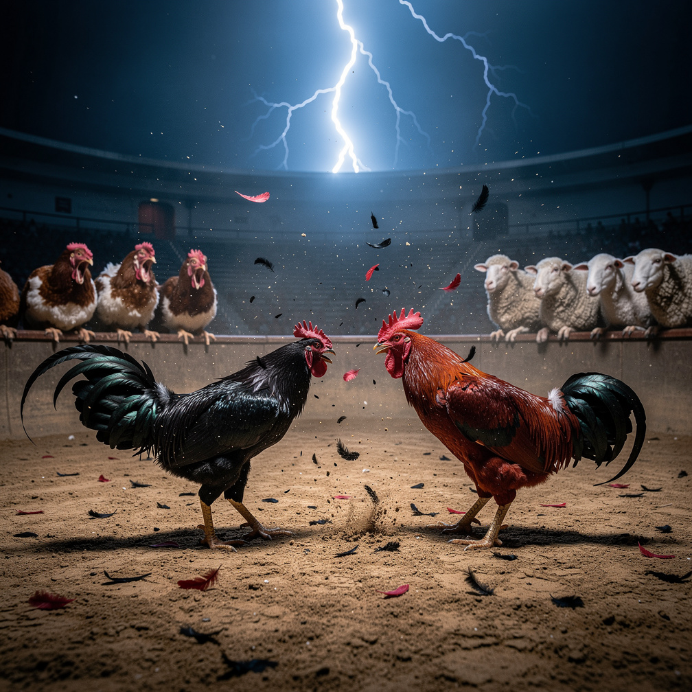 تخيل لو: ⚔️🐓⚔️

اصطدم برق ورعد في وسط الساحة.

تناثر الريش في الهواء كثلج أسود وأحمر.

قفز برق أولًا وضرب خصمه بعنف، لكن رعد 