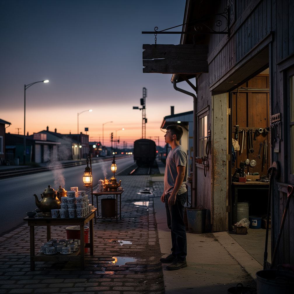 A small railway town wakes before sunrise. Tea vendors prepare for the morning rush while a young mechanic opens his father's