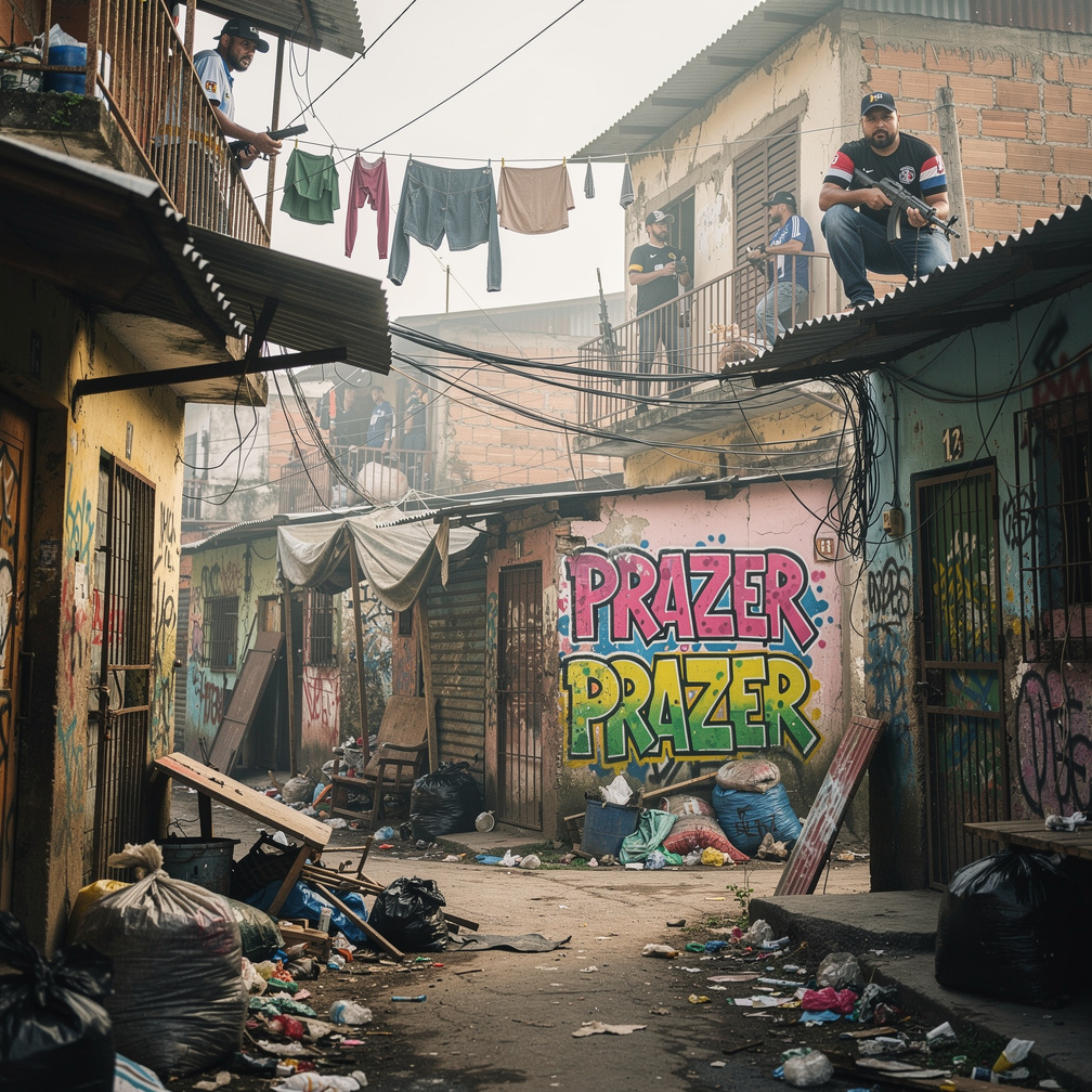 Uma câmera terrestre percorre uma grande favela urbana com vielas e ruas com grafites com a palavra Prazer dublado nas parede