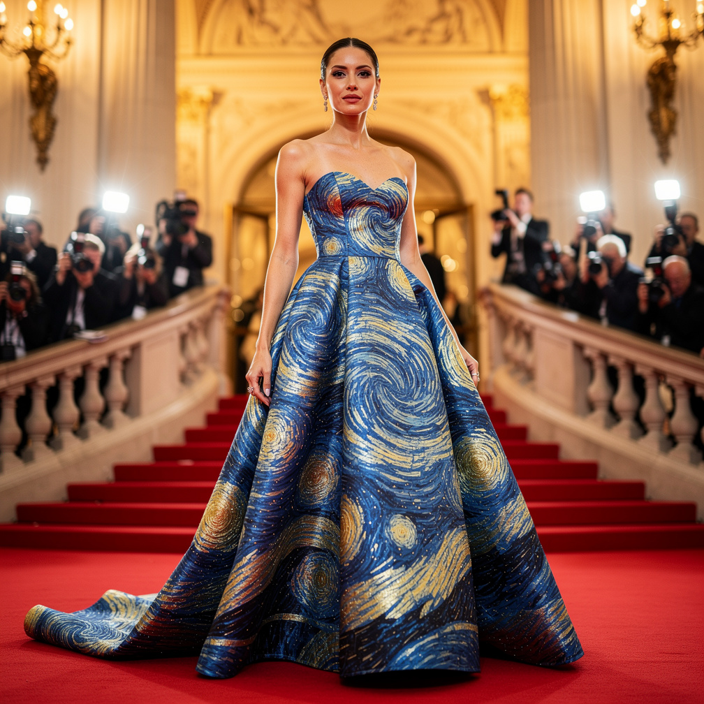 Bayangkan jika: kamu ke met gala memakai gaun mewah berwarna biru terang dan desainnya terinspirasi dari lukisan terkenal the