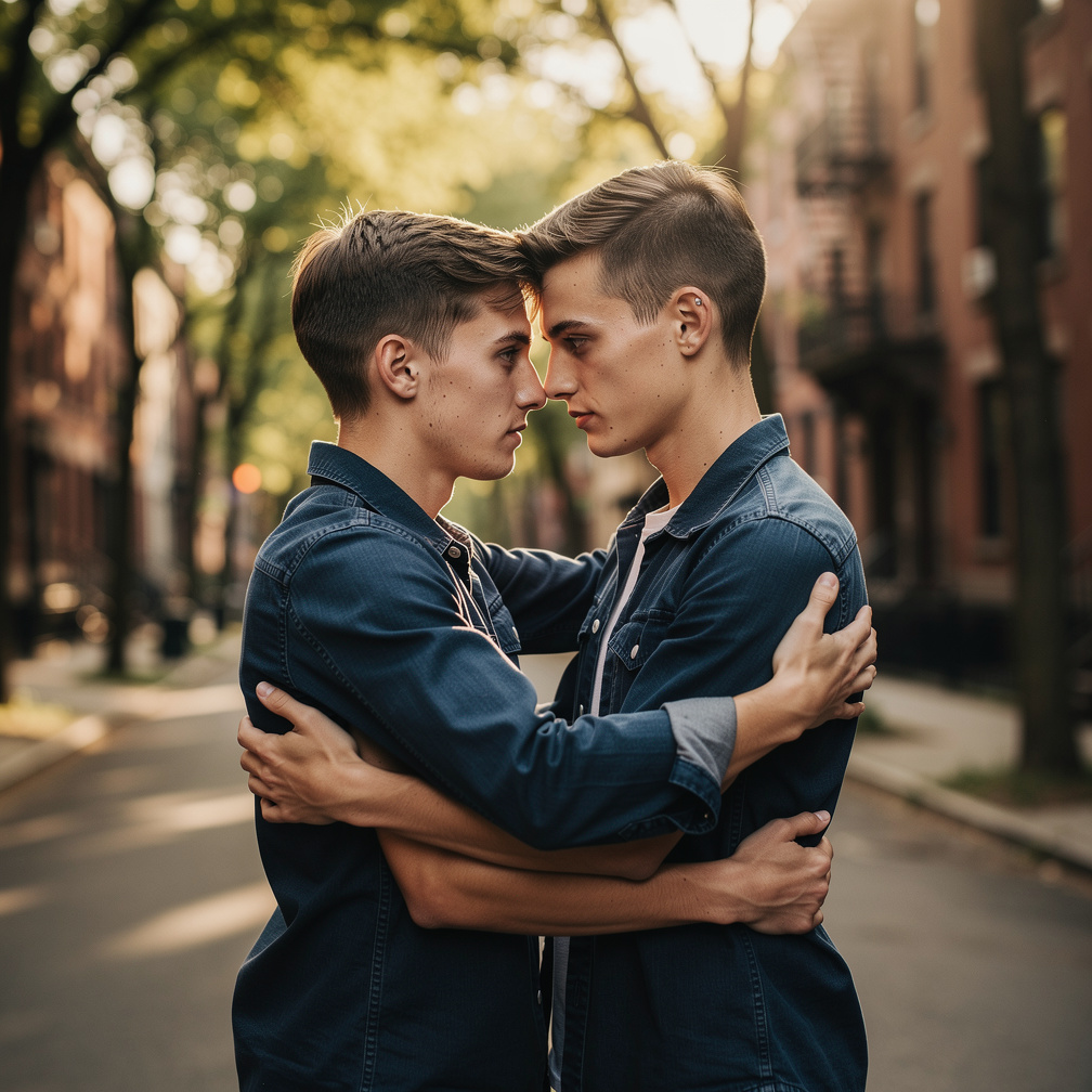 Imagine if: Two tall young friends hugging tightly in the street, emotional goodbye, bodies pressed together, talking softly 