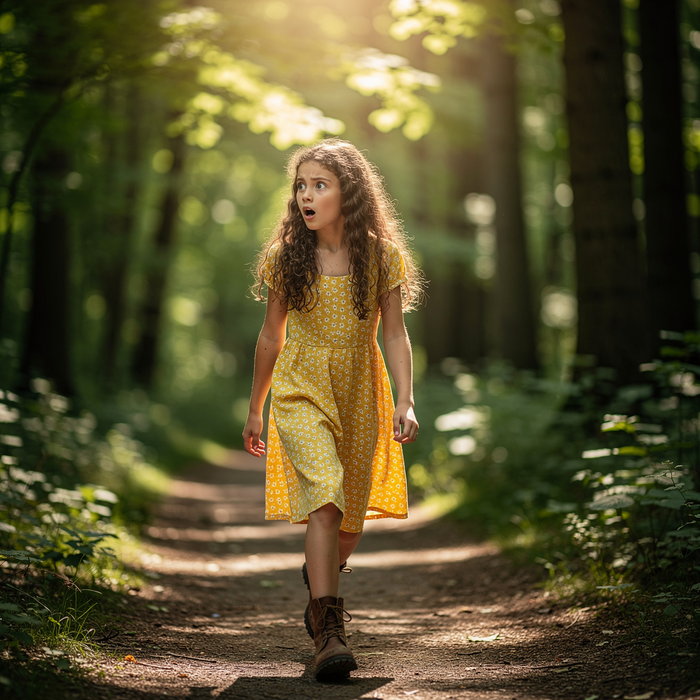 Imagine if: A girl is walking in a forest, then looks at the left, then is shocked.