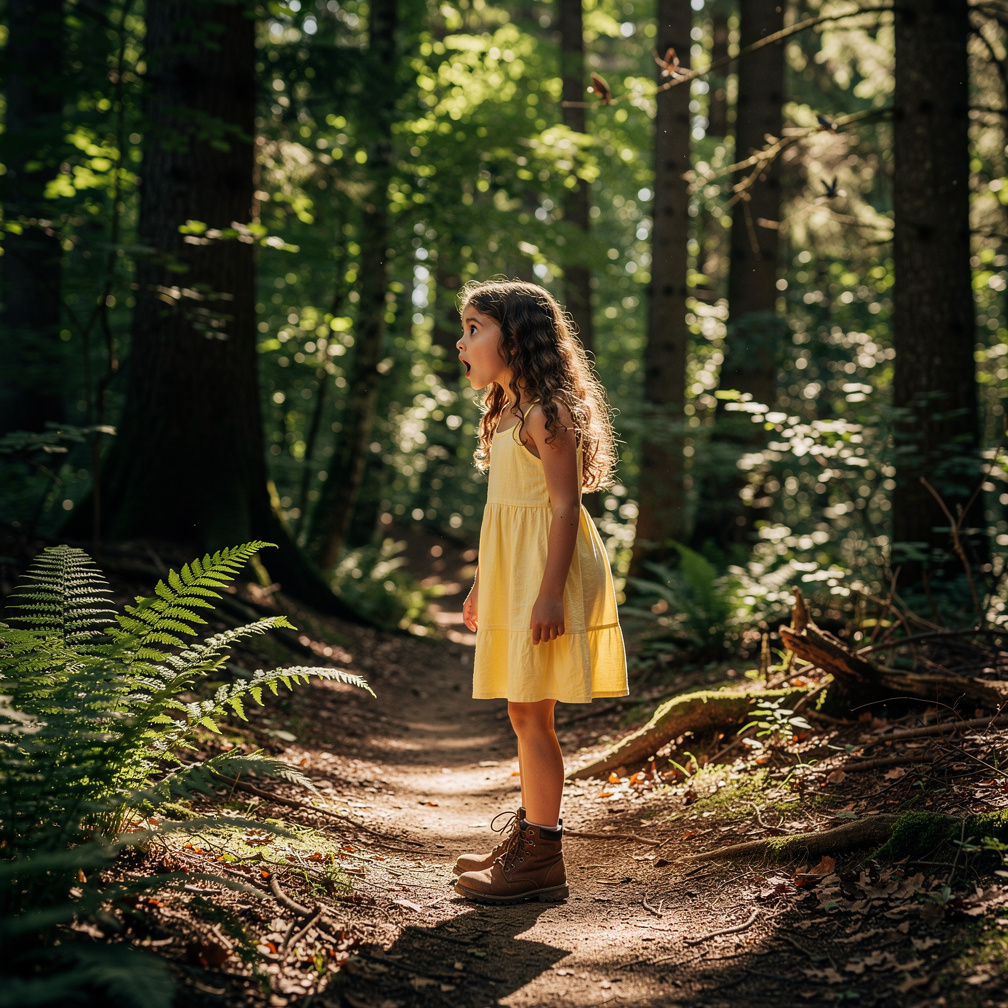 Imagine if: A girl is walking in a forest, then looks at the left, then is shocked.