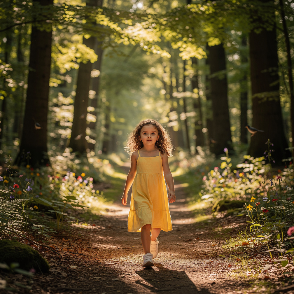 Imagine if: A video of a little girl walking on the forest then suddenly hears something around in her back.