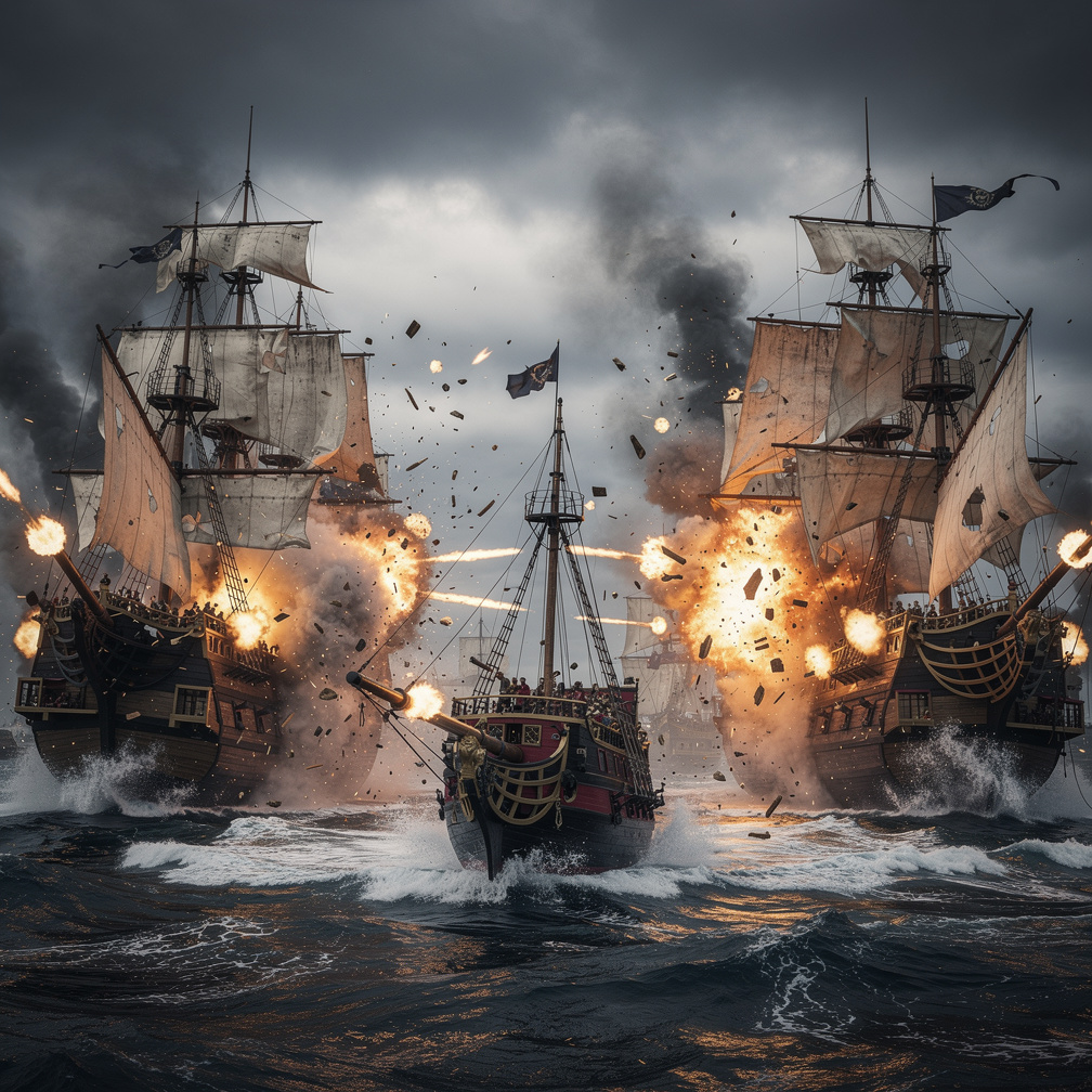 Imagine se: Uma grande batalha entre dois galeões com muitos tiros de canhões, um dos galeões e um navio pirata.