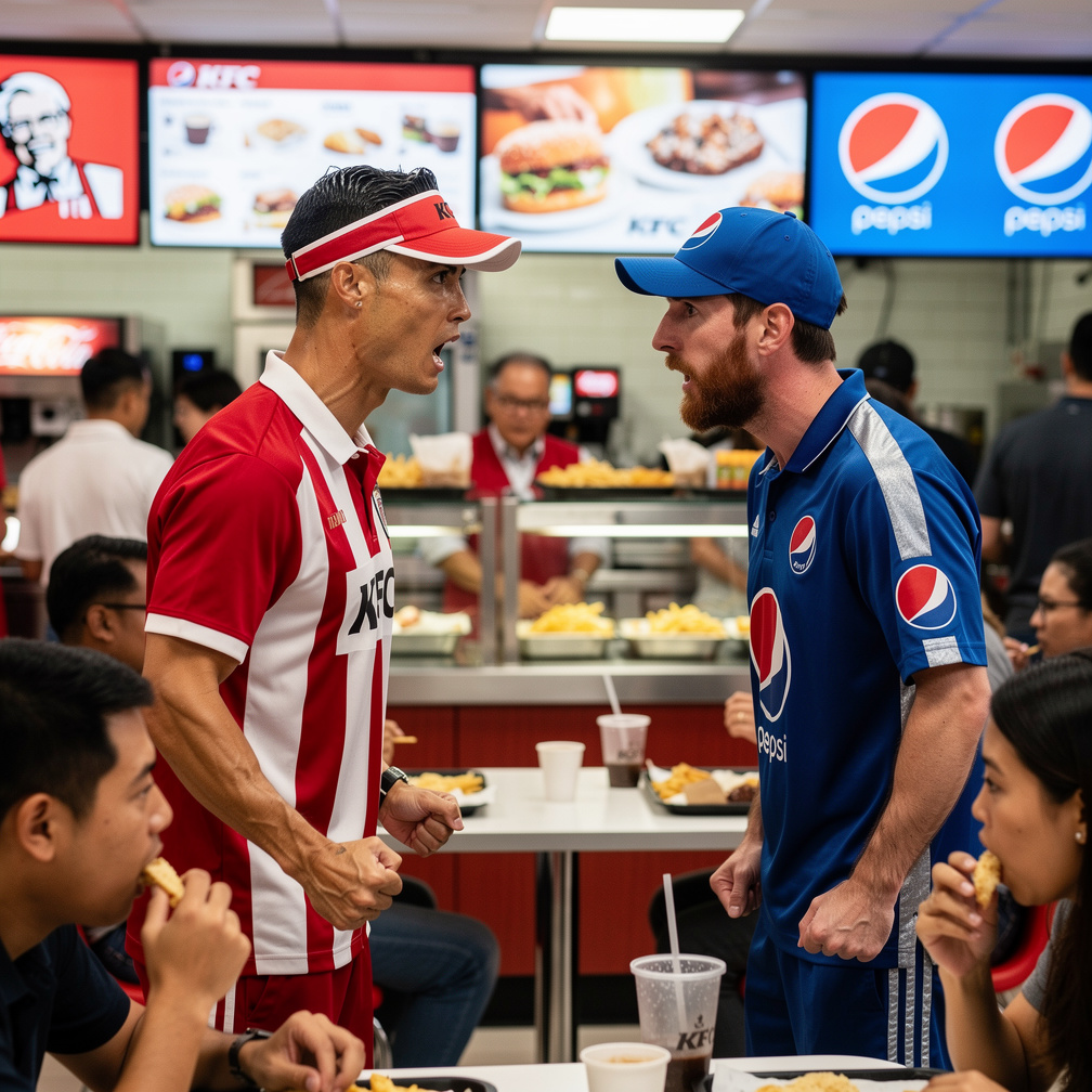 Stel je voor als: Ronaldo werd een werknemer van KFC en Messi werd een werknemer van Pepsi. Ronaldo ontmoette Messi en de twe