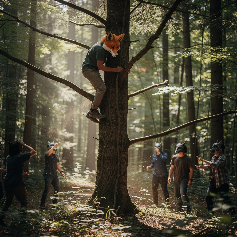 Imagine if: Kevin was chased by masked people and he quickly ran then Kevin climbed the tree and wore 🦊 mask. 
Manga