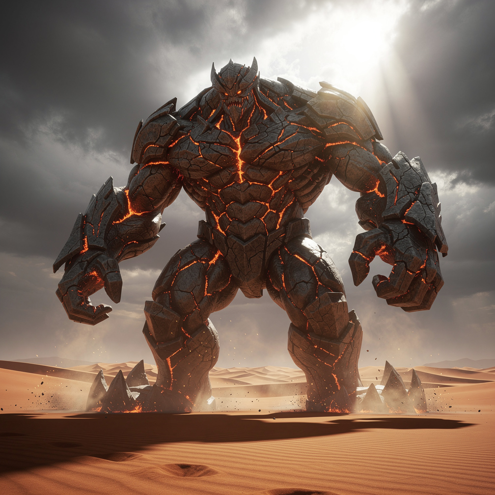(Cena 3 - A Ascensão do Titã / [Estilo: Épico Cinematográfico])
O Golem de Lava colossal começa a se erguer completamente. A 