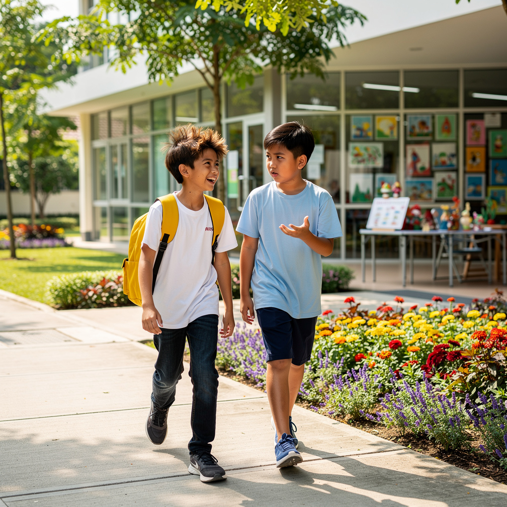 On his way home from school, his good friend, Andi, reminded Budi to get his work done quickly so he wouldn't be rushed. Howe
