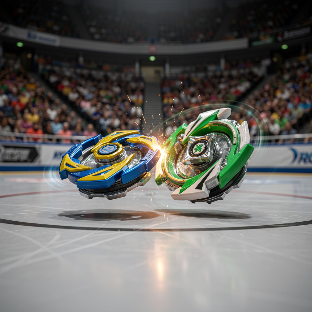Hayal et: İki beyblade kapışır biri mavi sarı beyblade vs yeşil beyaz beyblade ilk.