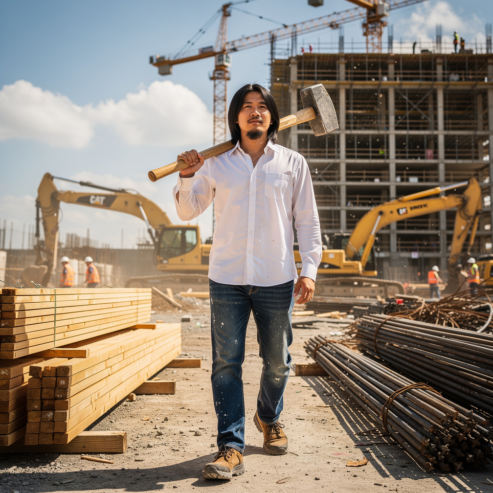 Imagine if: Jesus reincarnated as a construction worker with Asian hair style wearing long sleeve white shirt, blue jeans and