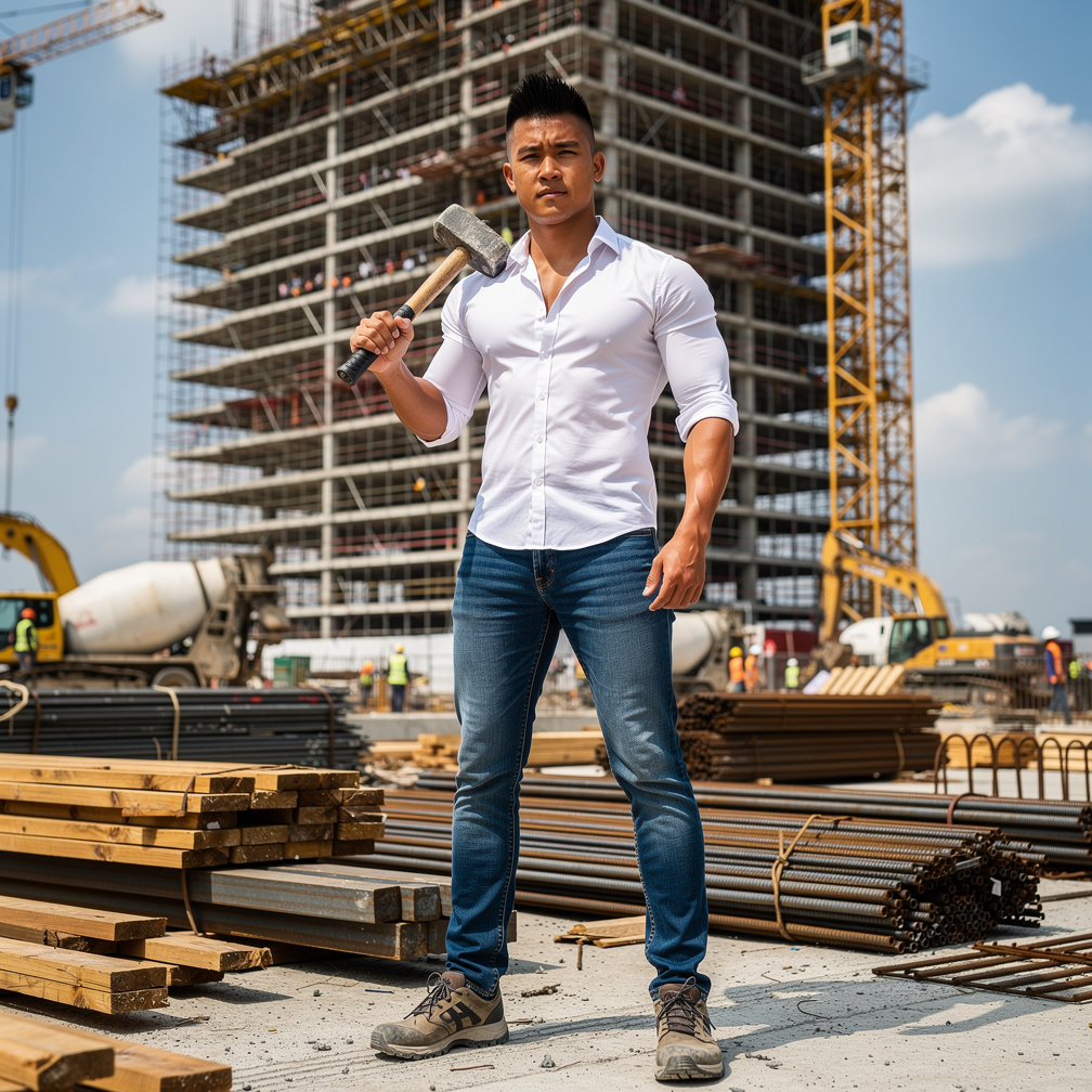 Afterwards Jesus with Asian hairstyle became a macho construction worker wearing skinny white shirt and skinny blue jeans wit