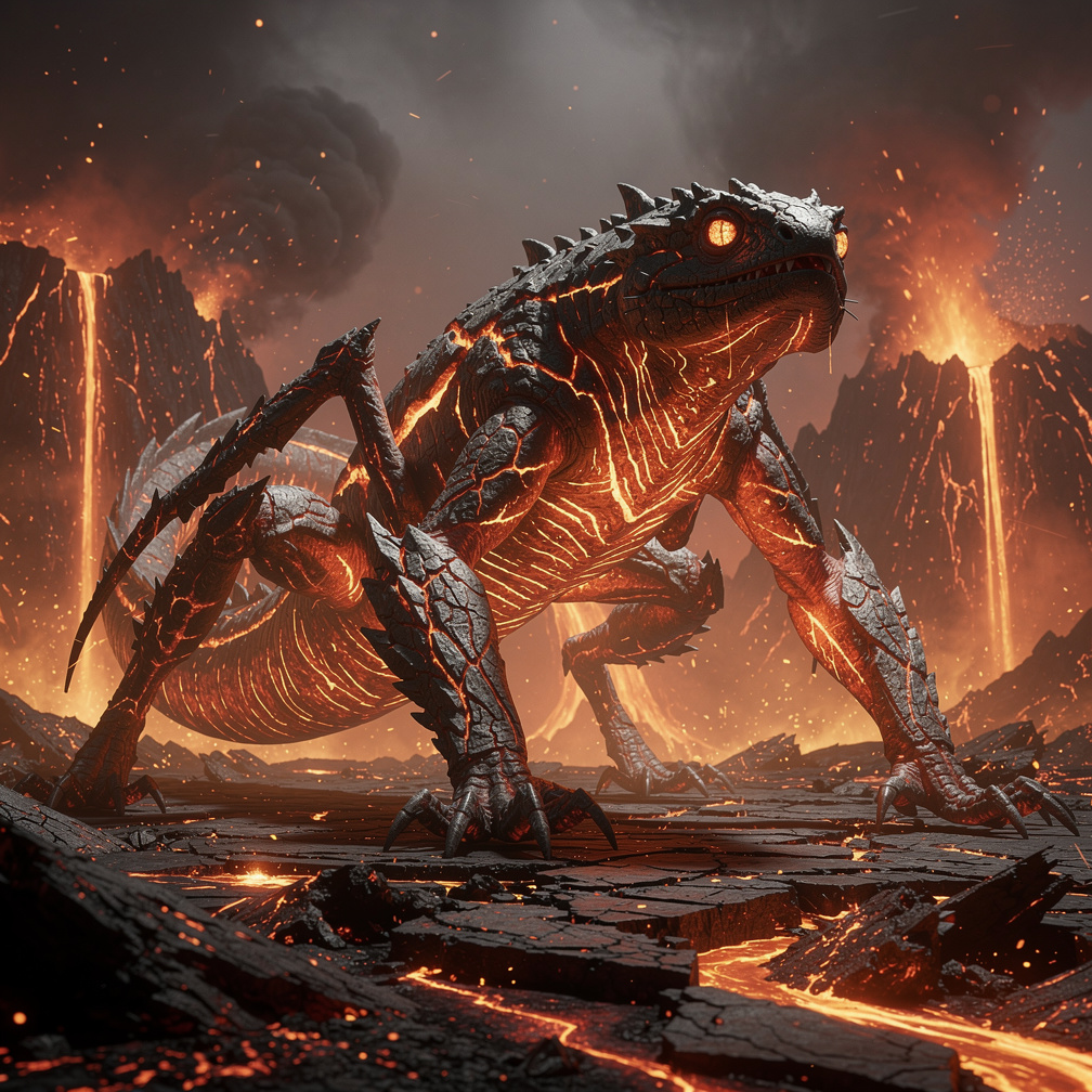 Imagine se: Quimera Abissal das Forjas (Horrível)
Aparência: Um monstro quadrúpede que parece uma fusão grotesca entre uma s